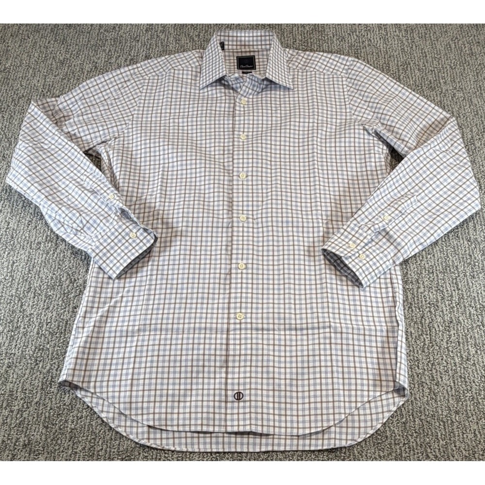 David Donahue Shirt Men 16 34/35 White Blue Plaid Trim Fit Dress Long Sleeve EUC